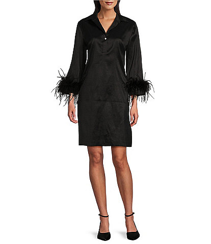 Preston & York Tessa Taffeta Point Collar Pearl Button V-Neck 3/4 Sleeve Feather Cuff Midi A-Line Shirt Dress