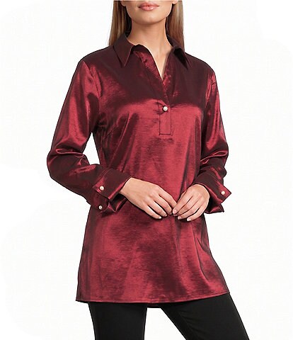 Preston & York Thea Stretch Taffeta Collar Neckline Long Sleeve Blouse