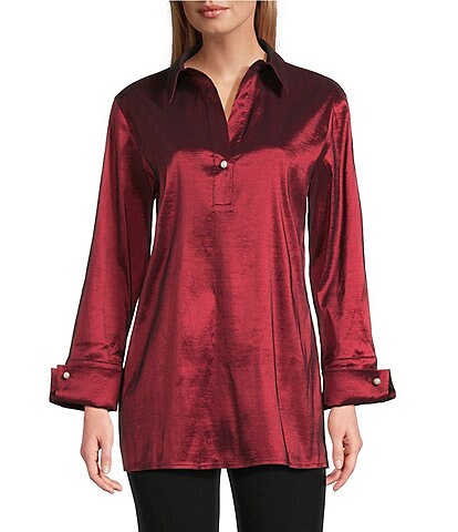 Preston & York Thea Stretch Taffeta Collar Neckline Long Sleeve Blouse