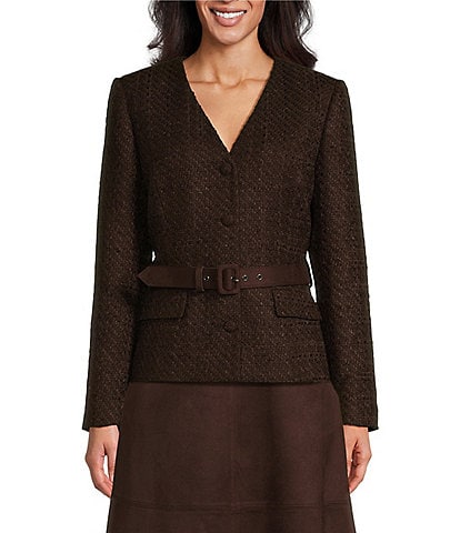 Preston & York Zoey Tweed V-Neck Long Sleeve Suede Belt Coordinating Jacket