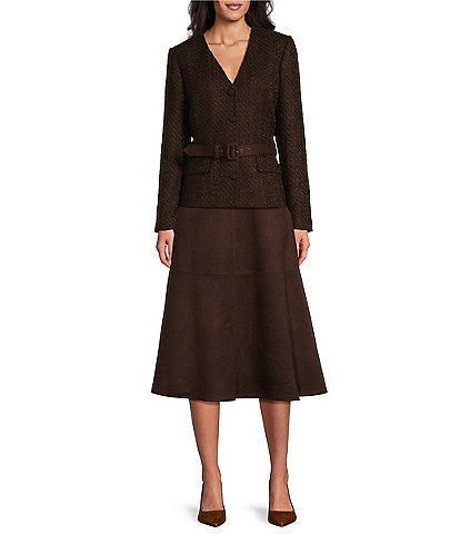 Preston & York Zoey Tweed V-Neck Long Sleeve Suede Belt Jacket & Astrid Stretch Suede High Rise A-Line Midi Coordinating Skirt