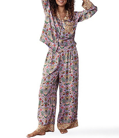 Printfresh Bee Tapestry Print Long Sleeve Notch Collar Eco Satin Long Pajama Set