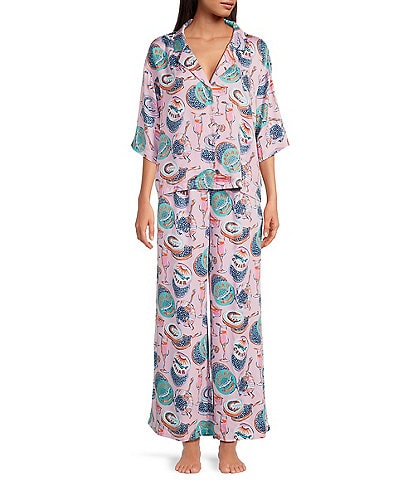 Printfresh Champagne & Caviar Woven Sateen Thermoregulating 3/4 Sleeve Notch Collar Long Coordinating Pajama Set