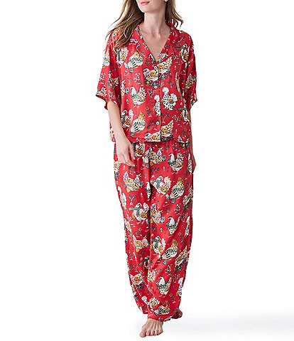 Printfresh Holiday Hens Print 3/4 Sleeve Notch Collar Eco Satin Long Pajama Set