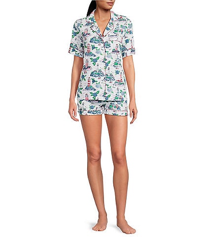 Printfresh Lighthouse Keeper Print Organic Cotton Short Sleeve Notch Collar Woven Shorty Pajama Set