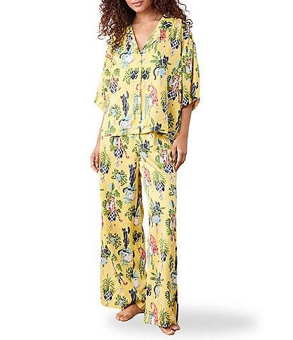 Printfresh Mischievous Cats Woven Sateen Thermoregulating Short Sleeve Notch Collar Long Coordinating Pajama Set