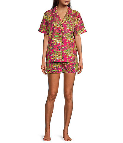 Printfresh Woven Bagheera Leopard Print Short Sleeve Notch Collar Shorty Pajama Set
