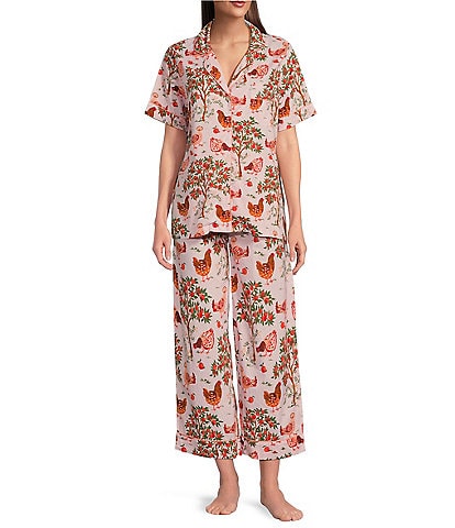 Printfresh Woven Hen House Short Sleeve Notch Collar Cropped Pajama Set