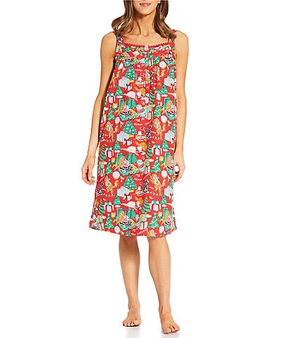 Printfresh Woven Meowy Christmas Sleeveless Sweetheart Neck Partial Button Front Nightgown