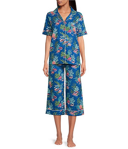Printfresh Woven Organic Cotton Poplin Ocean Breeze Print Short Sleeve Notch Collar Cropped Pajama Set