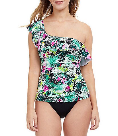 Profile By Gottex Beautiful Day One Shoulder Ruffled Tankini Swim Top & Tutti Frutti High Waisted Swim Bottom