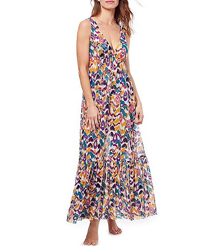 Profile by Gottex Echo Abstract Print V-Neck Sleeveless Mesh Swim Cover-Up Dress