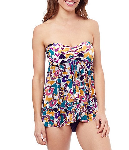 Profile by Gottex Echo Abstract Printed Bandeau Flyaway Draped Tummy Control One Piece Swimsuit