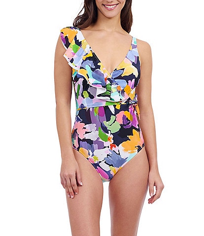 Profile By Gottex Holi Abstract Floral Print Ruffle Surplice V-Neck Tummy Control One-Piece Swimsuit