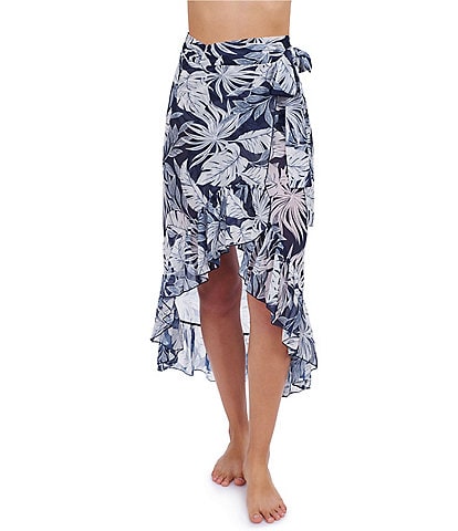 Profile By Gottex Malaya Tropical Leaf Print Ruffle High-Low Wrap Sarong Swim Cover-Up