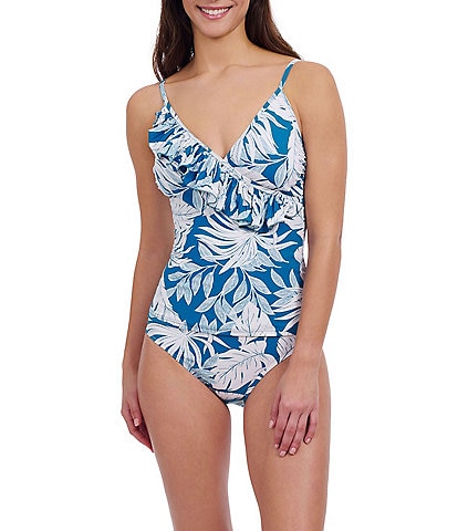 Profile By Gottex Malaya Tropical Leaf Print Ruffle Surplice V-Neck Tummy Control Tankini Swim Top & Shirred High Waist Bottom