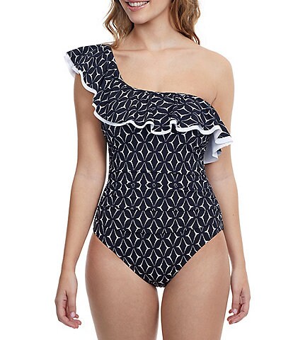 Profile by Gottex One Shoulder Ruffle Geo Print One Piece Swimsuit