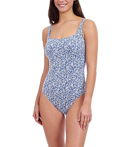 Profile By Gottex Plumeria Texture Knit Leafy Print Square Neck Underwire One-Piece Swimsuit