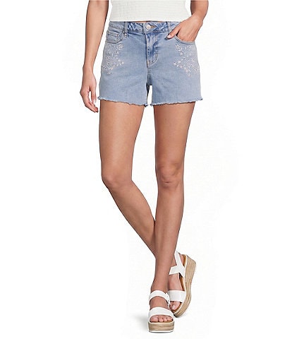 Prosperity Denim Floral Ivory Embroidered Denim Shorts