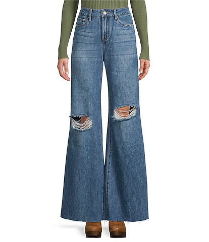 Prosperity Denim High Rise Patch Pocket Wide Leg Distressed Jeans