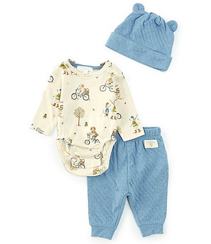 Purebaby Baby Boys Newborn-12 Monhts Long Sleeve Down River Printed Bodysuit, Solid Jogger Pants & Bear Ear Hat Set