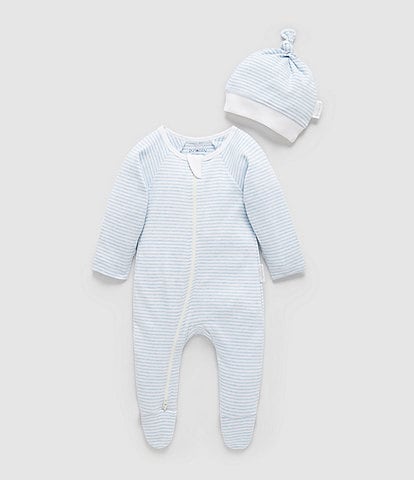 Purebaby Baby Boys Newborn-12 Month Stripe Zip Footie & Knot Hat Set