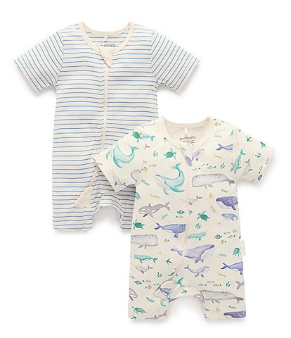 Purebaby Baby Boys Newborn-12 Months Organic Cotton Short Sleeve Printed & Striped Zip Growsuit Set
