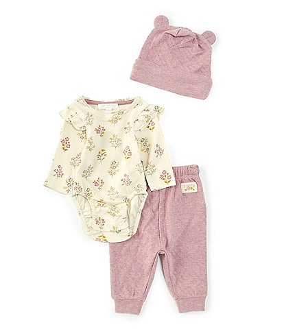 Purebaby Baby Girls Newborn-12 Months Long-Sleeve Floral-Printed Bodysuit, Solid Jogger Pants & Bear Ear Hat Set