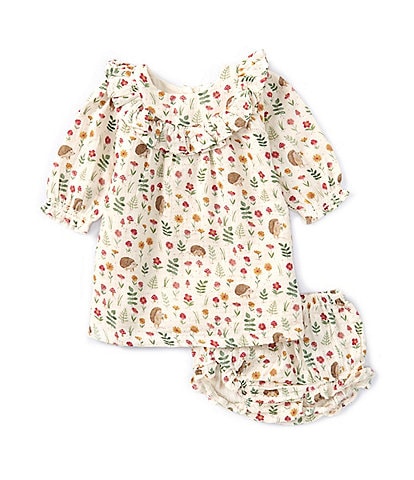 Purebaby Baby Girls Newborn-24 Months Long Sleeve Hedgehog-Print A-Line Dress