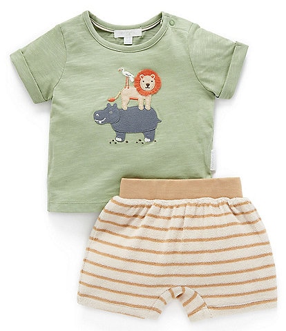 PureBaby®Baby Boys Newborn-24 Months Short Sleeve Safari Animal T-Shirt & Striped Shorts Set