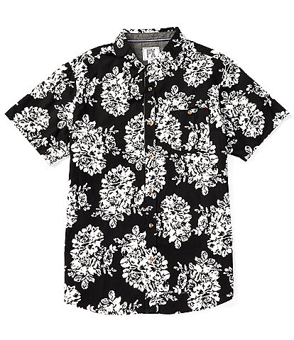 PX Clothing Short Sleeve Allover Printed Peached Poplin Patch Pocket Shirt