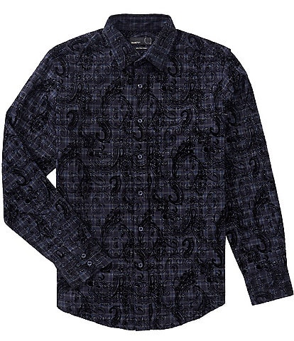 Quieti Modern Fit Paisley Flock Print Long Sleeve Woven Shirt