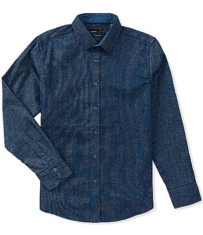 Quieti Modern Fit Stripe Flock Print Long Sleeve Woven Shirt