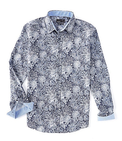Quieti Navy Floral Print Stretch Long-Sleeve Woven Shirt