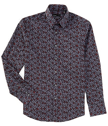 Quieti Stretch Leaves Print Long Sleeve Woven Shirt