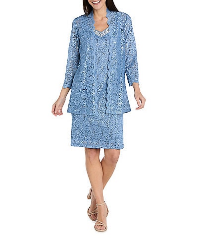 R & M Richards 2-Piece Scalloped Glitter Lace Beaded V-Neck Jacket Dress