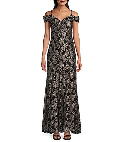 R & M Richards 2-Tone Glitter Lace Sweetheart Neck Cold Shoulder Cap Sleeve Gown