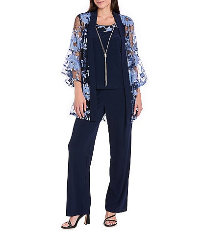 R & M Richards 3/4 Bell Sleeve Crew Neck Embroidered Sequin Lace 3-Piece Pant Set