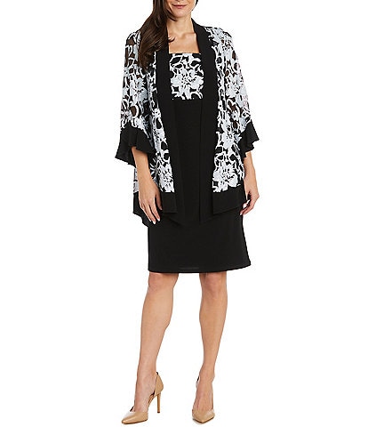 R & M Richards 3/4 Ruffle Sleeve Crew Neck Embroidered Sequin 2-Piece Jacket Dress