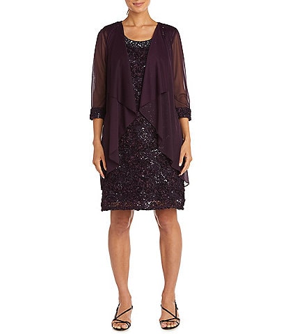 R & M Richards 3/4 Sleeve Beaded Crew Neck Lace 2-Piece Jacket Dress