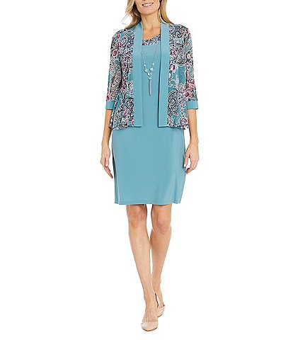 R & M Richards 3/4 Sleeve Crew Neck Floral Detail 2-Piece Jacket Dress