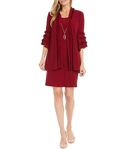 R & M Richards 3/4 Sleeve Crew Neck Ruffle Detail 2-Piece Jacket Dress