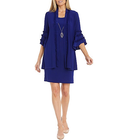 R & M Richards 3/4 Sleeve Crew Neck Ruffle Detail 2-Piece Jacket Dress