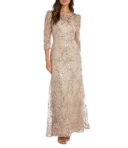 R & M Richards 3/4 Sleeve Illusion Neck Embellished Sequin Mermaid Gown