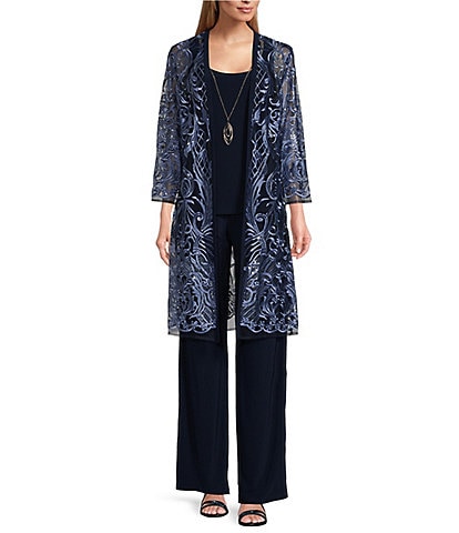 R & M Richards 3/4 Sleeve Round Neck Embellished Sequin Duster Jacket 3-Piece Pant Set