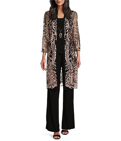 R & M Richards 3/4 Sleeve Round Neck Embellished Sequin Duster Jacket 3-Piece Pant Set