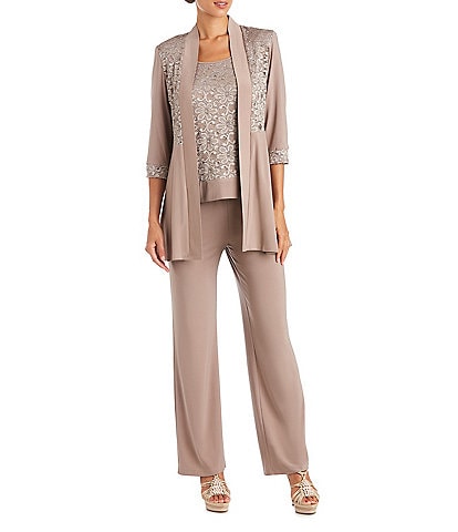 R & M Richards 3/4 Sleeve Scoop Neck Lace 3-Piece Pant Set