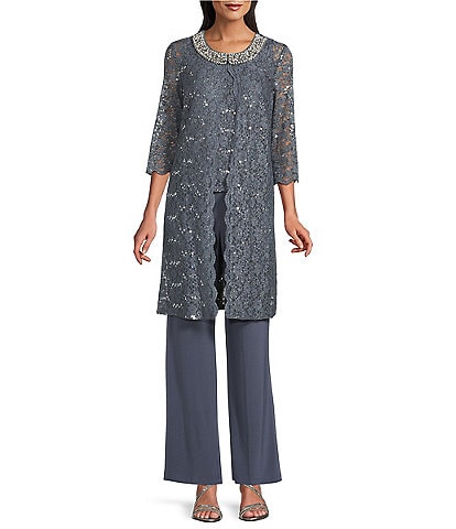 R & M Richards 3/4 Sleeve Sequin And Pearl Embellished Crew Neck Lace 3-Piece Pant Set