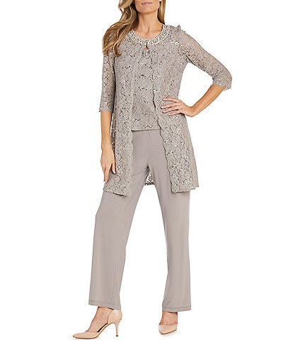 R & M Richards 3/4 Sleeve Sequin And Pearl Embellished Crew Neck Lace 3-Piece Pant Set