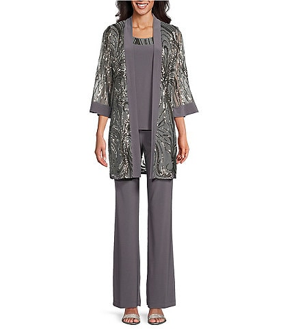 R & M Richards Sequin Glitter Scalloped Lace Scoop Neck 3/4 Sleeve 3-Piece Duster  Pant Set